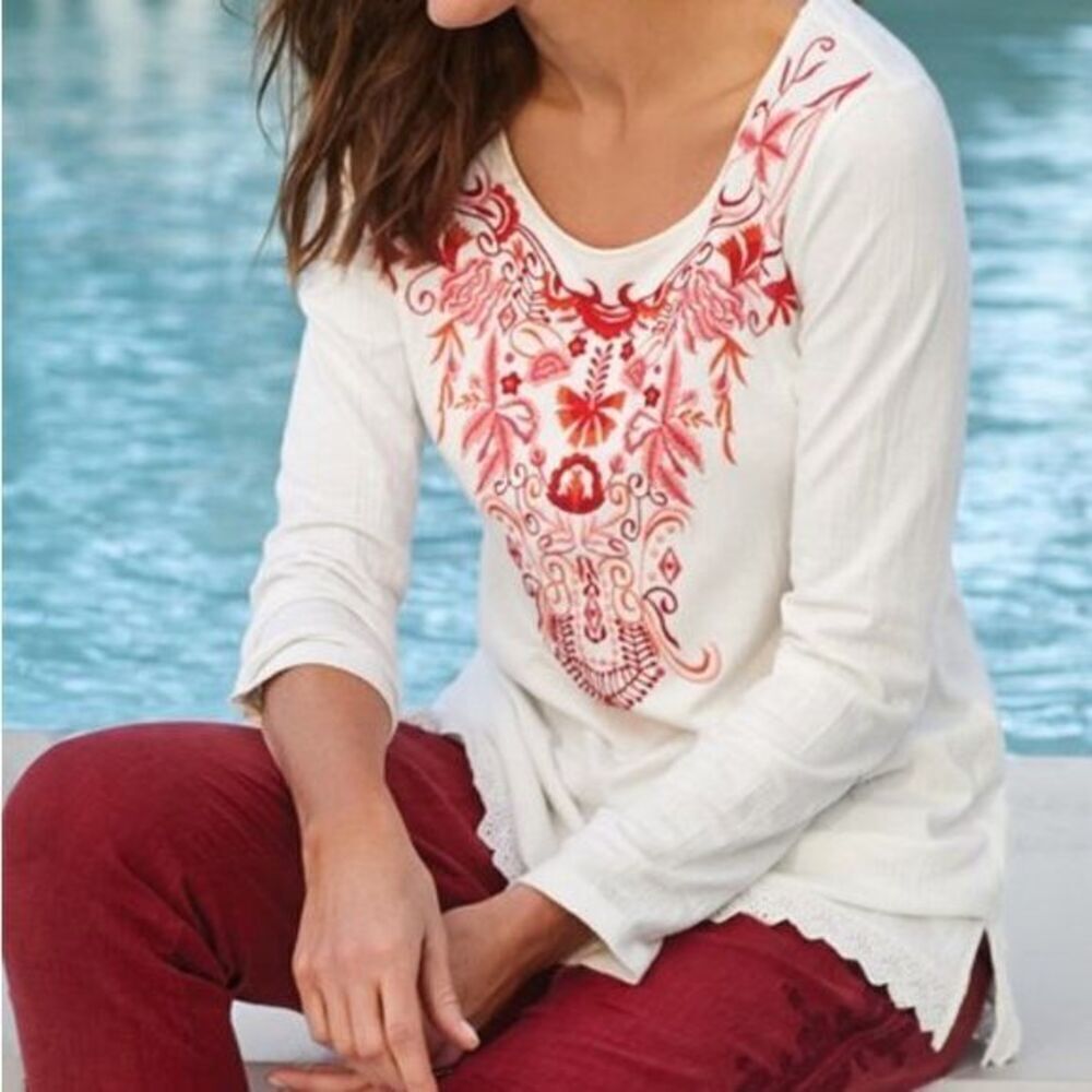 Soft Surroundings Canary Island Embroidered Tunic Top White Multi Size M